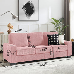 English Elm 83.86"corduroy Fabric Three-seat Sofa with Cup Holders for Modern Living Rooms Pink W1359P404566