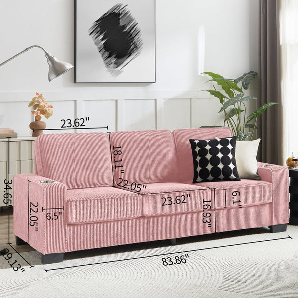 English Elm 83.86"corduroy Fabric Three-seat Sofa with Cup Holders for Modern Living Rooms Pink W1359P404566