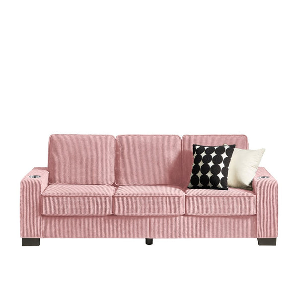 English Elm 83.86"corduroy Fabric Three-seat Sofa with Cup Holders for Modern Living Rooms Pink W1359P404566