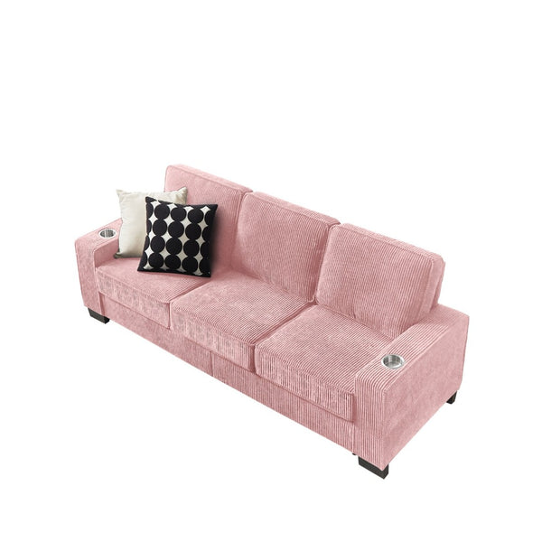 English Elm 83.86"corduroy Fabric Three-seat Sofa with Cup Holders for Modern Living Rooms Pink W1359P404566