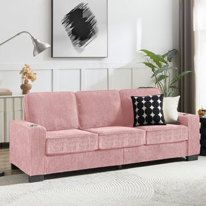 English Elm 83.86"corduroy Fabric Three-seat Sofa with Cup Holders for Modern Living Rooms Pink W1359P404566