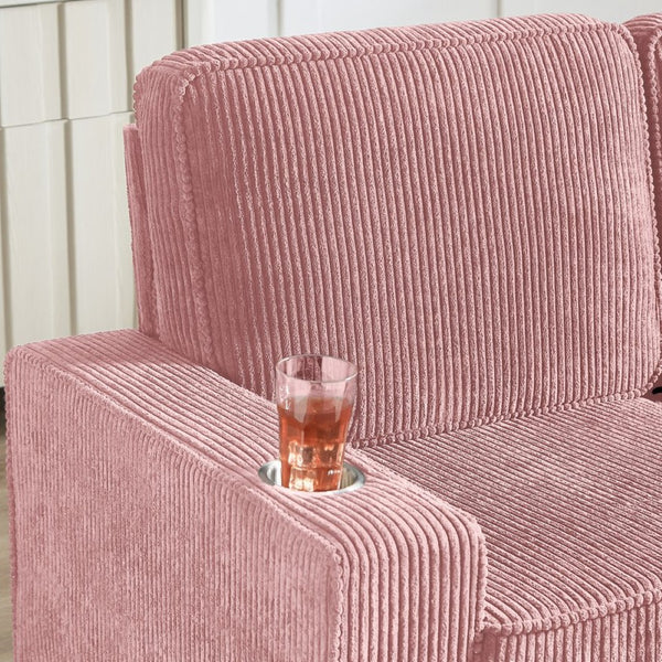 English Elm 83.86"corduroy Fabric Three-seat Sofa with Cup Holders for Modern Living Rooms Pink W1359P404566