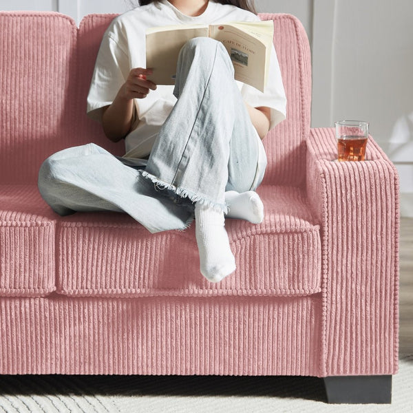 English Elm 83.86"corduroy Fabric Three-seat Sofa with Cup Holders for Modern Living Rooms Pink W1359P404566