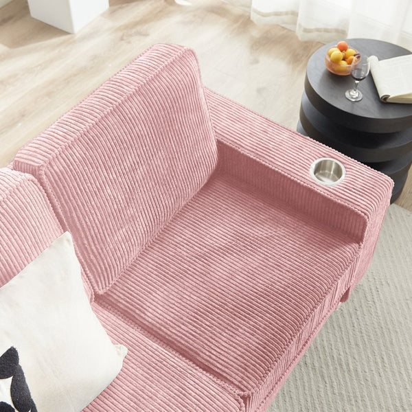 English Elm 83.86"corduroy Fabric Three-seat Sofa with Cup Holders for Modern Living Rooms Pink W1359P404566