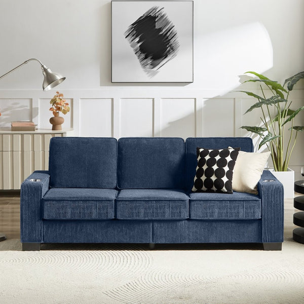 English Elm 83.86"corduroy Fabric Three-seat Sofa with Cup Holders for Modern Living Rooms Blue W1359P404574