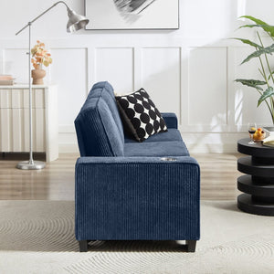 English Elm 83.86"corduroy Fabric Three-seat Sofa with Cup Holders for Modern Living Rooms Blue W1359P404574
