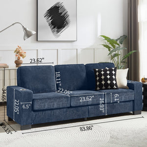 English Elm 83.86"corduroy Fabric Three-seat Sofa with Cup Holders for Modern Living Rooms Blue W1359P404574