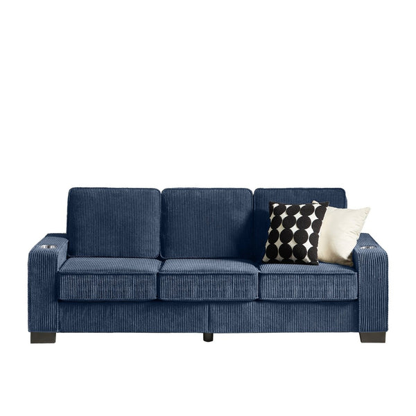 English Elm 83.86"corduroy Fabric Three-seat Sofa with Cup Holders for Modern Living Rooms Blue W1359P404574
