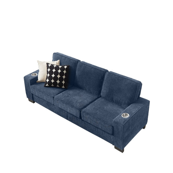 English Elm 83.86"corduroy Fabric Three-seat Sofa with Cup Holders for Modern Living Rooms Blue W1359P404574