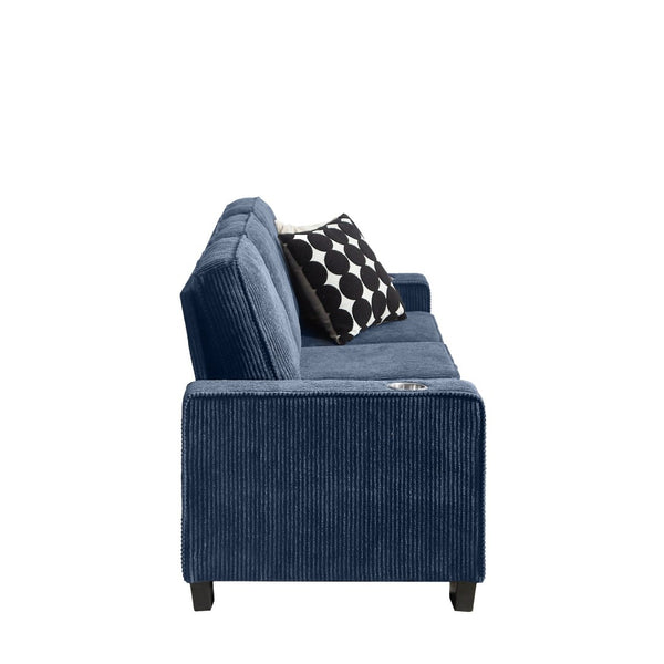 English Elm 83.86"corduroy Fabric Three-seat Sofa with Cup Holders for Modern Living Rooms Blue W1359P404574