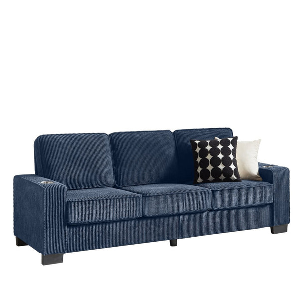 English Elm 83.86"corduroy Fabric Three-seat Sofa with Cup Holders for Modern Living Rooms Blue W1359P404574