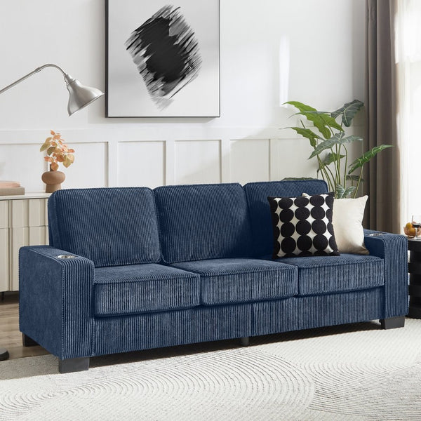 English Elm 83.86"corduroy Fabric Three-seat Sofa with Cup Holders for Modern Living Rooms Blue W1359P404574