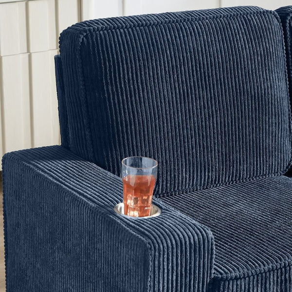 English Elm 83.86"corduroy Fabric Three-seat Sofa with Cup Holders for Modern Living Rooms Blue W1359P404574