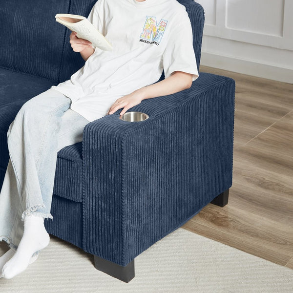English Elm 83.86"corduroy Fabric Three-seat Sofa with Cup Holders for Modern Living Rooms Blue W1359P404574