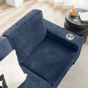 English Elm 83.86"corduroy Fabric Three-seat Sofa with Cup Holders for Modern Living Rooms Blue W1359P404574