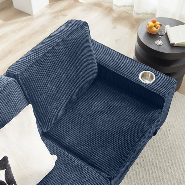 English Elm 83.86"corduroy Fabric Three-seat Sofa with Cup Holders for Modern Living Rooms Blue W1359P404574
