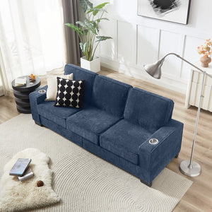 English Elm 83.86"corduroy Fabric Three-seat Sofa with Cup Holders for Modern Living Rooms Blue W1359P404574