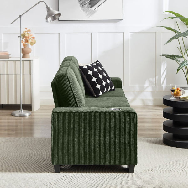 English Elm 83.86"corduroy Fabric Three-seat Sofa with Cup Holders for Modern Living Rooms Green W1359P404577