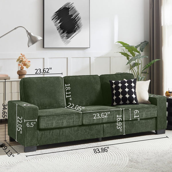 English Elm 83.86"corduroy Fabric Three-seat Sofa with Cup Holders for Modern Living Rooms Green W1359P404577