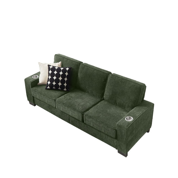 English Elm 83.86"corduroy Fabric Three-seat Sofa with Cup Holders for Modern Living Rooms Green W1359P404577