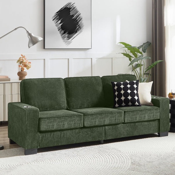 English Elm 83.86"corduroy Fabric Three-seat Sofa with Cup Holders for Modern Living Rooms Green W1359P404577