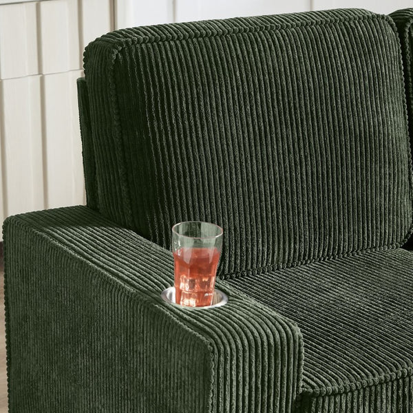 English Elm 83.86"corduroy Fabric Three-seat Sofa with Cup Holders for Modern Living Rooms Green W1359P404577