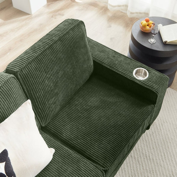 English Elm 83.86"corduroy Fabric Three-seat Sofa with Cup Holders for Modern Living Rooms Green W1359P404577