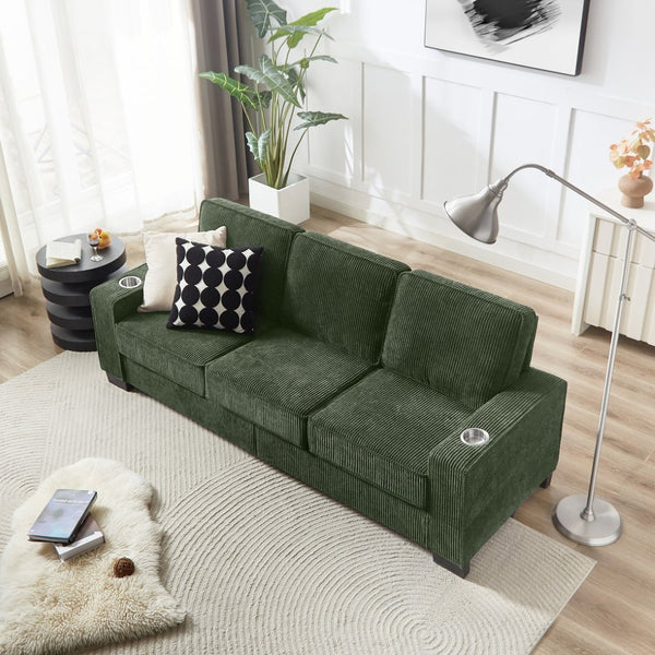 English Elm 83.86"corduroy Fabric Three-seat Sofa with Cup Holders for Modern Living Rooms Green W1359P404577