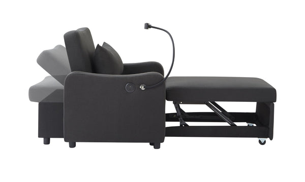 English Elm Sleeper Sofa Chair Convertible Linen Armchair Guest Bed with Usb Charging for Small Spaces Black Phone Holder W1359P491350