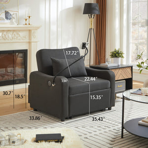 English Elm Sleeper Sofa Chair Convertible Linen Armchair Guest Bed with Usb Charging for Small Spaces Black Phone Holder W1359P491350