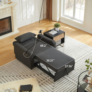 English Elm Sleeper Sofa Chair Convertible Linen Armchair Guest Bed with Usb Charging for Small Spaces Black Phone Holder W1359P491350