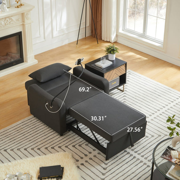 English Elm Sleeper Sofa Chair Convertible Linen Armchair Guest Bed with Usb Charging for Small Spaces Black Phone Holder W1359P491350