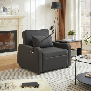 English Elm Sleeper Sofa Chair Convertible Linen Armchair Guest Bed with Usb Charging for Small Spaces Black Phone Holder W1359P491350