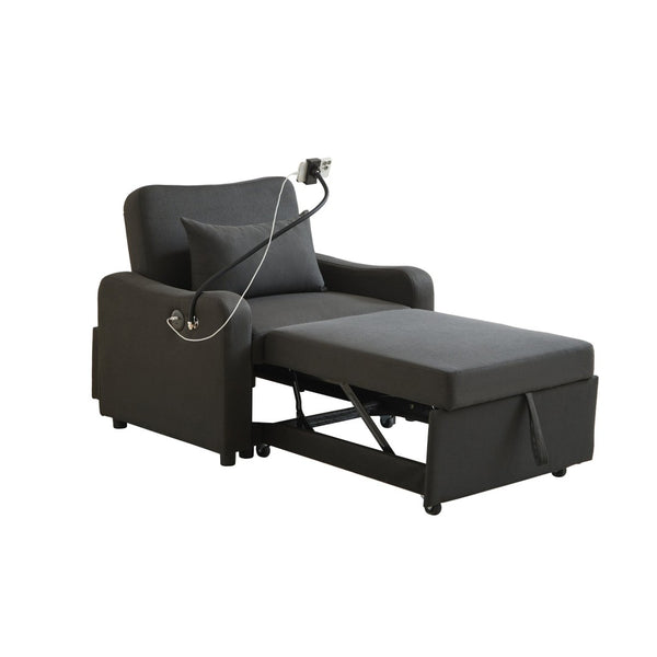 English Elm Sleeper Sofa Chair Convertible Linen Armchair Guest Bed with Usb Charging for Small Spaces Black Phone Holder W1359P491350