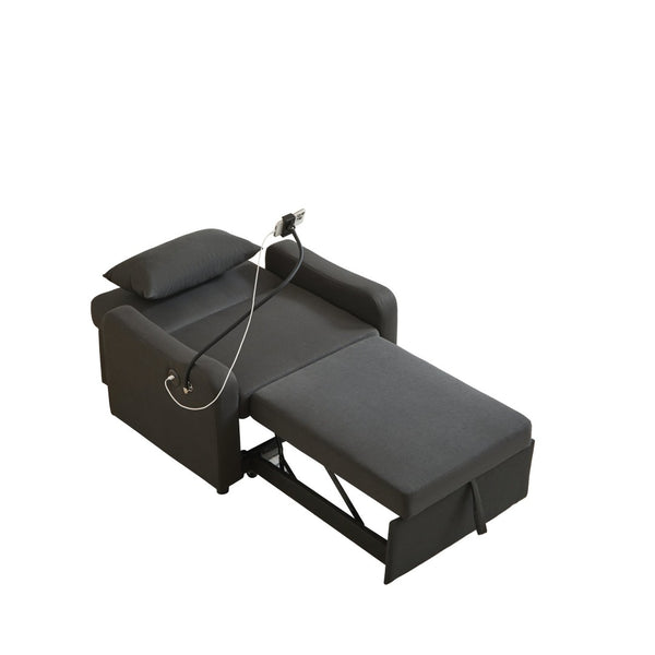 English Elm Sleeper Sofa Chair Convertible Linen Armchair Guest Bed with Usb Charging for Small Spaces Black Phone Holder W1359P491350