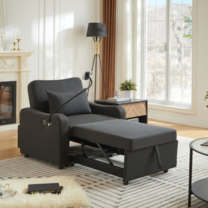 English Elm Sleeper Sofa Chair Convertible Linen Armchair Guest Bed with Usb Charging for Small Spaces Black Phone Holder W1359P491350