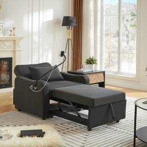 English Elm Sleeper Sofa Chair Convertible Linen Armchair Guest Bed with Usb Charging for Small Spaces Black Phone Holder W1359P491350