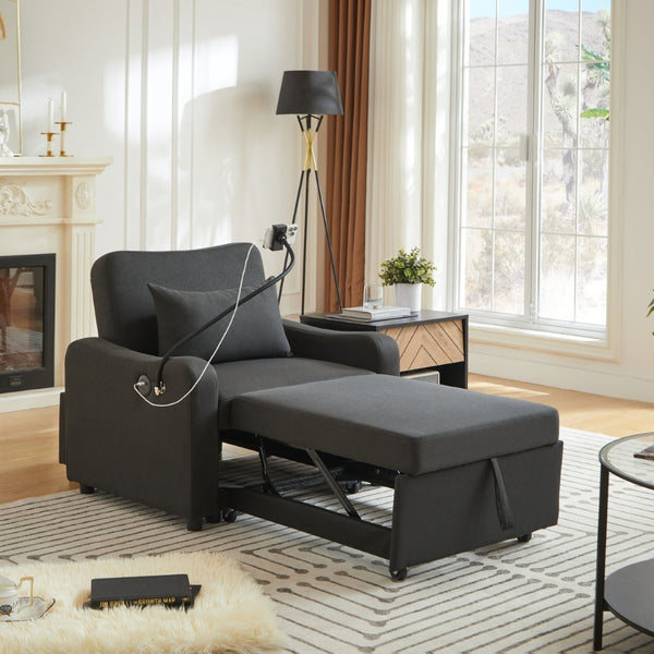English Elm Sleeper Sofa Chair Convertible Linen Armchair Guest Bed with Usb Charging for Small Spaces Black Phone Holder W1359P491350