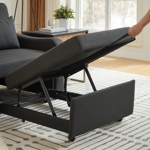 English Elm Sleeper Sofa Chair Convertible Linen Armchair Guest Bed with Usb Charging for Small Spaces Black Phone Holder W1359P491350