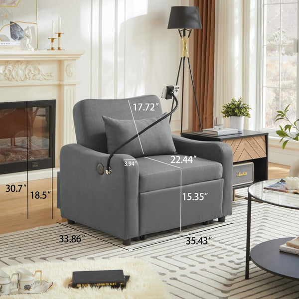English Elm Sleeper Sofa Chair Convertible Linen Armchair Guest Bed with Usb Charging for Small Spaces Dark Gray Phone Holder W1359P491354