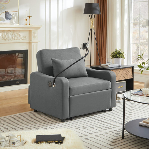 English Elm Sleeper Sofa Chair Convertible Linen Armchair Guest Bed with Usb Charging for Small Spaces Dark Gray Phone Holder W1359P491354