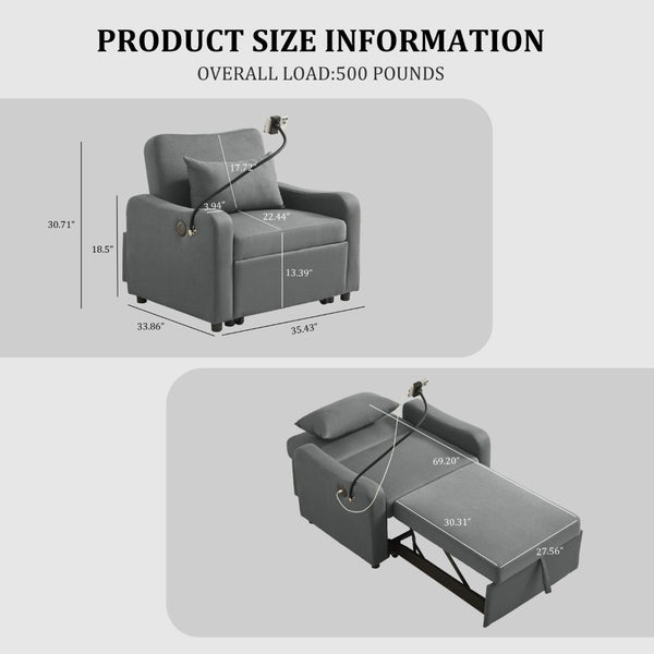 English Elm Sleeper Sofa Chair Convertible Linen Armchair Guest Bed with Usb Charging for Small Spaces Dark Gray Phone Holder W1359P491354