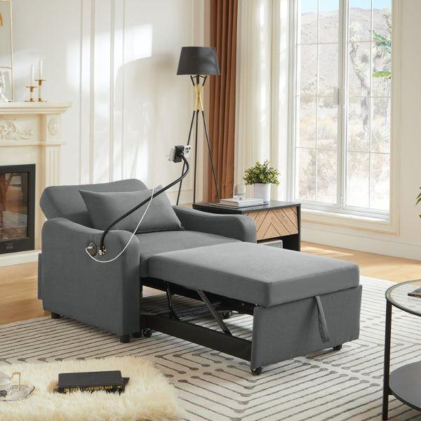 English Elm Sleeper Sofa Chair Convertible Linen Armchair Guest Bed with Usb Charging for Small Spaces Dark Gray Phone Holder W1359P491354