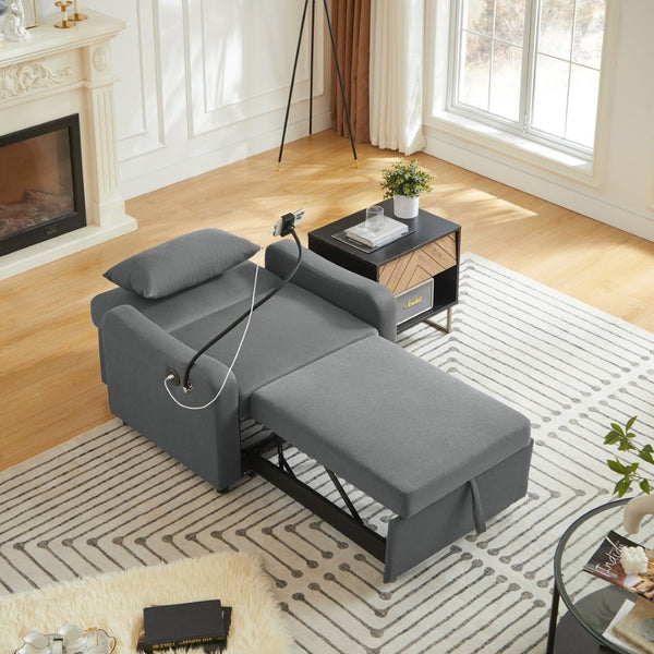 English Elm Sleeper Sofa Chair Convertible Linen Armchair Guest Bed with Usb Charging for Small Spaces Dark Gray Phone Holder W1359P491354