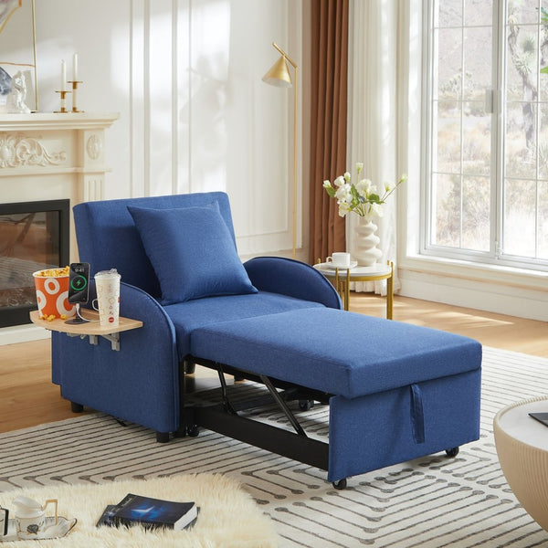 English Elm Sleeper Sofa Chair Convertible Linen Armchair Guest Bed with Usb Charging for Small Spaces Dark Blue Foldable Table W1359P491358