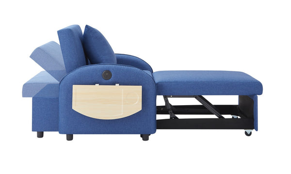 English Elm Sleeper Sofa Chair Convertible Linen Armchair Guest Bed with Usb Charging for Small Spaces Dark Blue Foldable Table W1359P491358