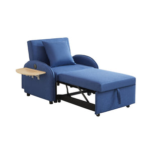English Elm Sleeper Sofa Chair Convertible Linen Armchair Guest Bed with Usb Charging for Small Spaces Dark Blue Foldable Table W1359P491358