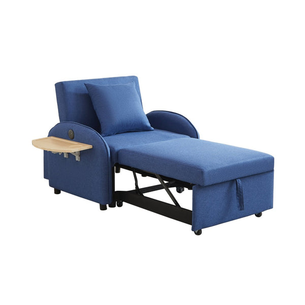 English Elm Sleeper Sofa Chair Convertible Linen Armchair Guest Bed with Usb Charging for Small Spaces Dark Blue Foldable Table W1359P491358