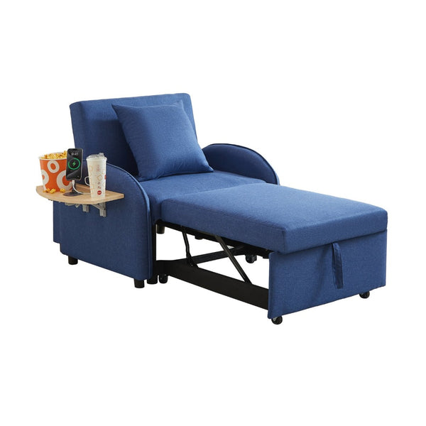 English Elm Sleeper Sofa Chair Convertible Linen Armchair Guest Bed with Usb Charging for Small Spaces Dark Blue Foldable Table W1359P491358