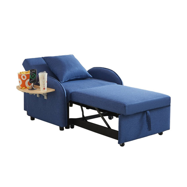 English Elm Sleeper Sofa Chair Convertible Linen Armchair Guest Bed with Usb Charging for Small Spaces Dark Blue Foldable Table W1359P491358